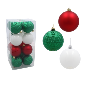 SET OF 16 BAUBLES 8 CM RED/GREEN/WHITE