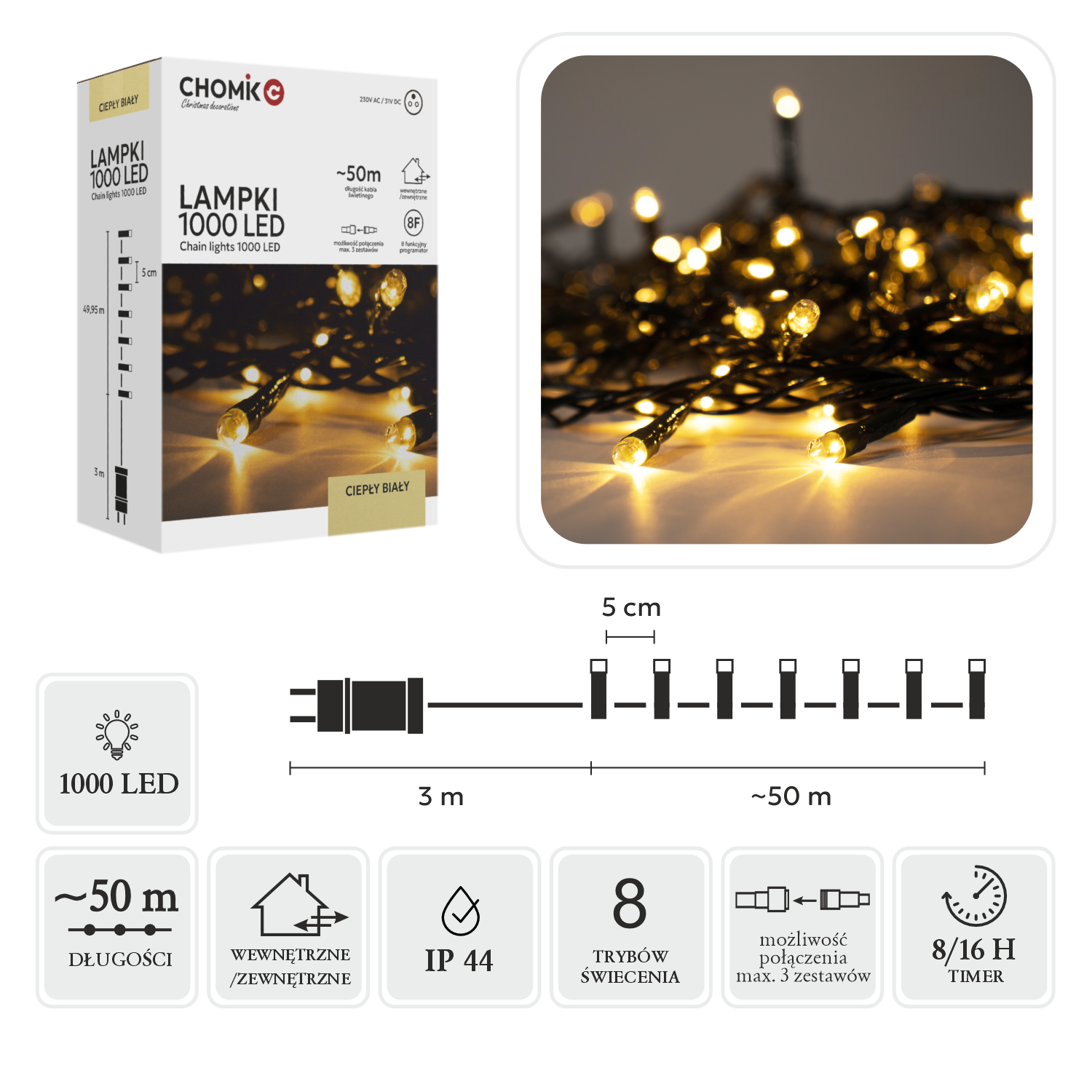 LAMPKI LED 1000L CIEPŁY BIAŁY DŁ. 3 + 50 M WEWN/ZEWN *9621