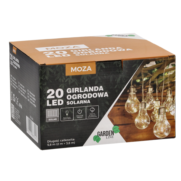 SOLÁRNÍ ZÁHRADNÍ ŘETĚZ DÉLKA 2 + 3,8 M MOZA 20 LED TEPLÁ BÍLÁ *3545