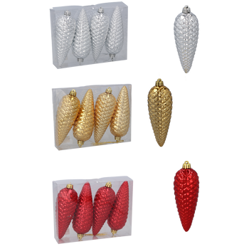 KPL. 4 DECORAȚIUNI PENTRU BRAD CONE 14 CM ROȘU/PORTOCALIU/ARGINTIU *7757