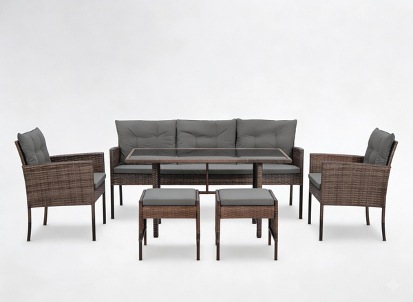 ZESTAW MEBLI RATTANOWYCH "VADUZ" (SOFA + 2 FOTELE + 2 PUFY + STÓŁ) BRĄZOWY + SZARE PODUSZKI