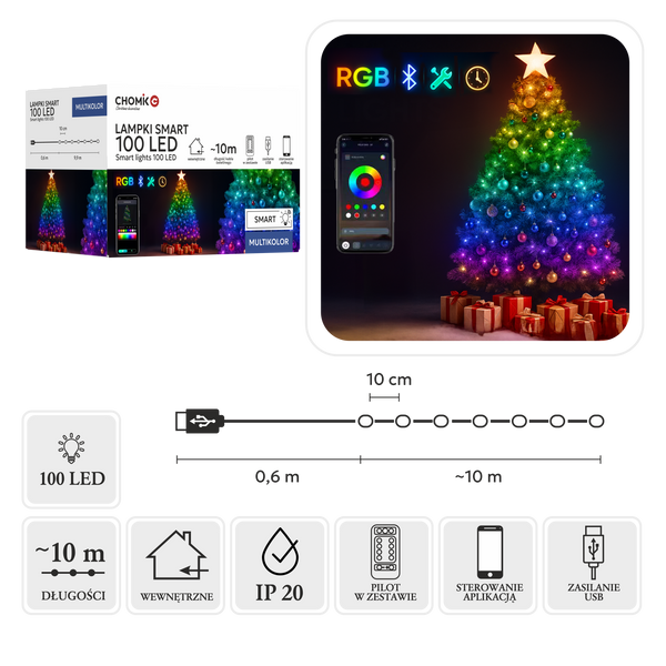 SMART LED ŽIAROVKY 100L MULTIKOLOR, USB, S DIAĽKOVÝM OVLÁDAČOM, DĹŽKA 10 + 0,6 M *8233