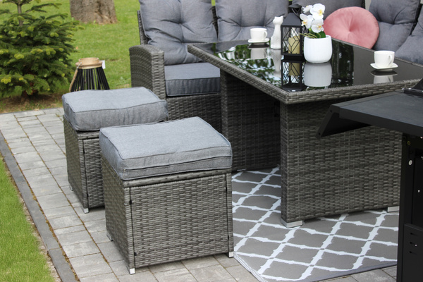 SET DE MOBILIER PENTRU GRĂDINĂ (CANAPEA PE COLȚ, 2 PUFURI, MESA) - GRI, PERNE - GRI *3453