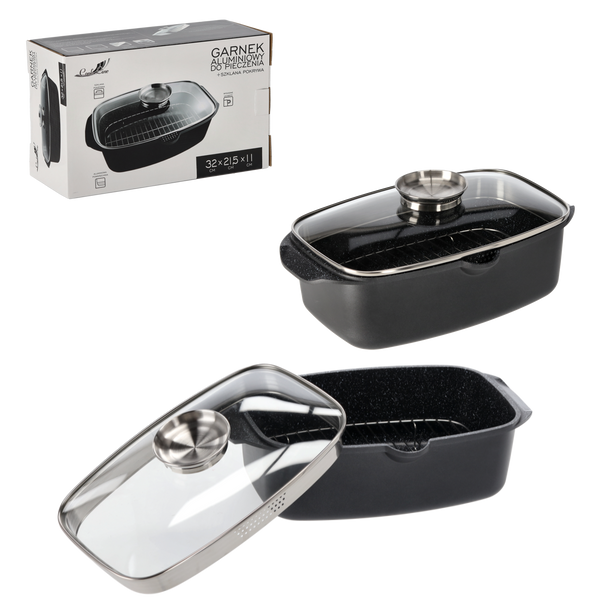 GARNEK ALUMINIOWY DO PIECZENIA 32 x 21.5 x 11 CM Z SZKLANĄ POKRYWĄ *2852