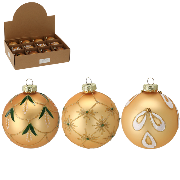 GLASS ORNAMENT - GOLD 8 CM MIXED PATTERNS