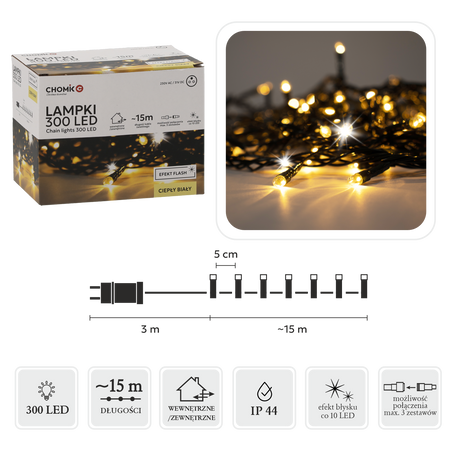 LAMPKI LED 300L CIEPŁY BIAŁY + ZIMNY FLASH, DŁ. 3 + 15 M WEWN/ZEWN *9539