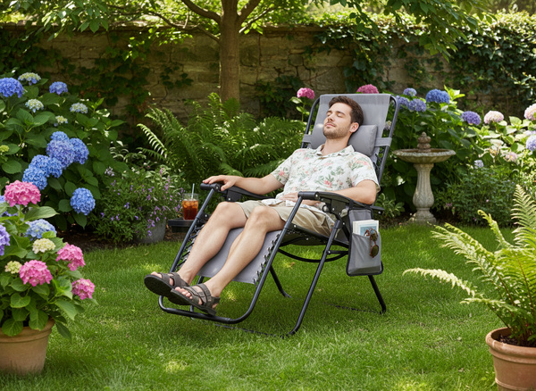 LEŻAK OGRODOWY SKŁADANY Z PODSTAWKĄ, KIESZONKĄ I ZAGŁÓWKIEM SZARY