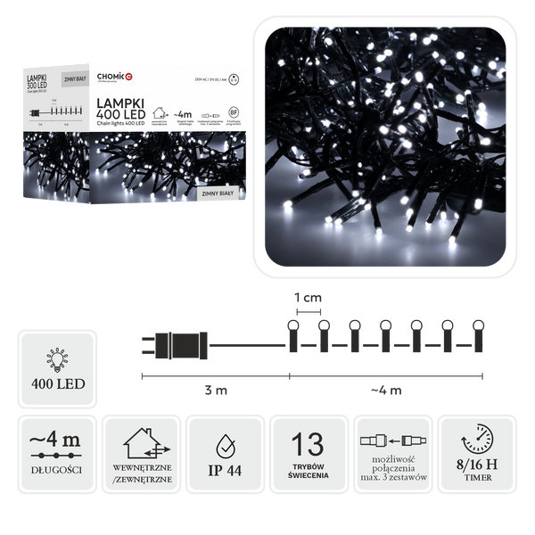 APLIQUE LED CLUSTER 400L ALB RECE, LUNGIME 3 + 4 M INTERIOR/EXTERIOR *8158