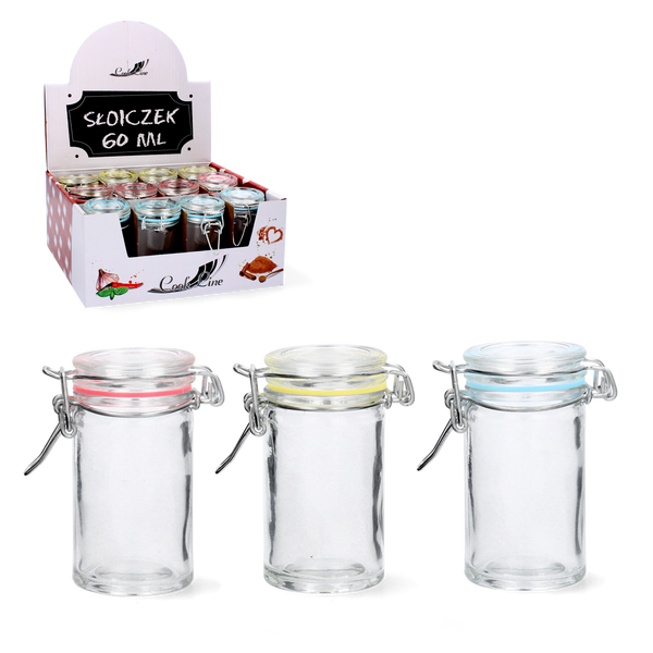 SKLENENÁ FĽAŠA S HERMETICKÝM UZAVRETÍM 60 ML S POKRÝVKOU DISPLAY=12ks *8861