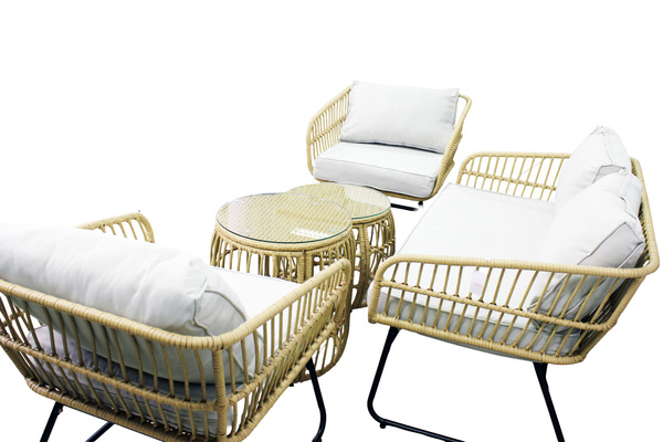 GARDEN FURNITURE SET (SOFA, 2 CHAIRS, 2 TABLES) - BROWN, CUSHIONS - GREY