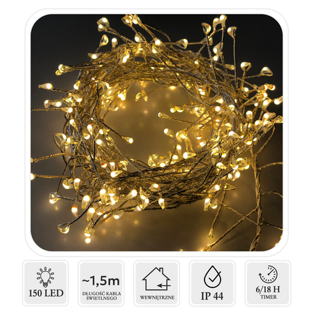 LAMPKI MICRO LED CLUSTER 150L CIEPŁY BIAŁY, DŁ. 0,3 + 1,5 M NA BATERIE *1803