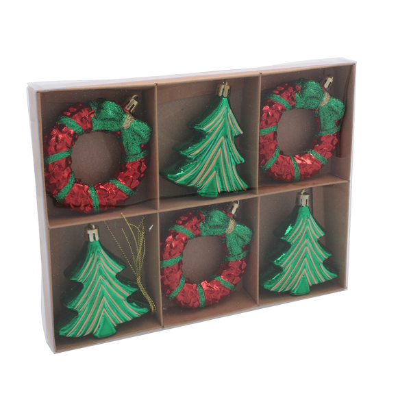 SET OF 6 CHRISTMAS TREE ORNAMENTS - WREATH / CHRISTMAS TREE 8CM pack=6sets