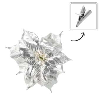 ARTIFICIAL FLOWER - POINSETTIA 25 CM WITH CLIPS SILVER