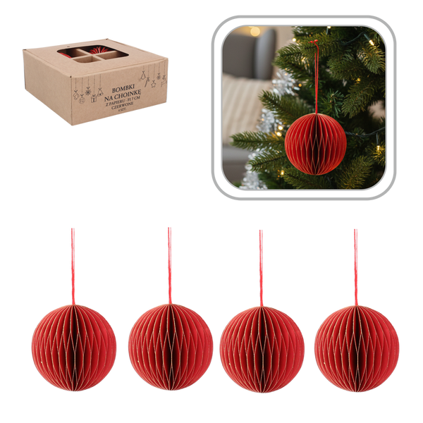 SET OF 4 CHRISTMAS TREE PAPER BAUBLES 7 CM RED