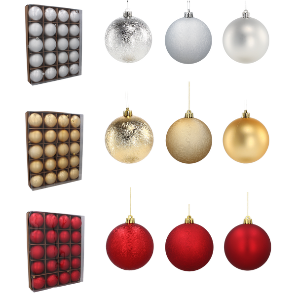 SET OF 20 BAUBLES 8 CM RED/GOLD/SILVER