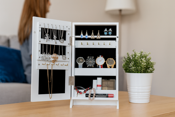 SZAFKA NA BIŻUTERIĘ Z LUSTREM BIAŁA 21 x 15 x 35 cm *5775