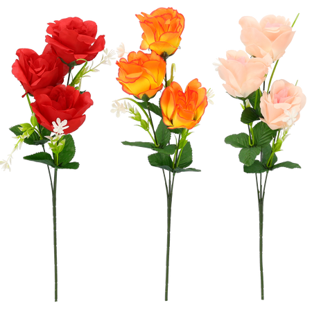 RAMĂ ARTIFICIALĂ - RUJĂ CU TREI FLORI 62 CM MIX DE CULORI pachet=84 buc *3079