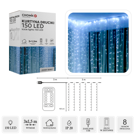 KURTYNA ŚWIETLNA DRUCIKI 150L ZIMNY BIAŁY, 3 x 1,5 M, USB, Z PILOTEM *8493