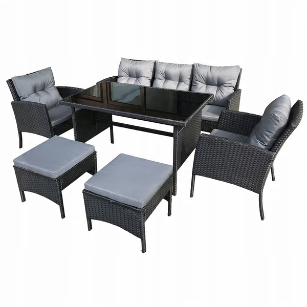 ZESTAW MEBLI RATTANOWYCH (SOFA, 2 KRZESŁA, 2 PUFY, STOLIK) - CZARNY, PODUSZKI - SZARY *7541