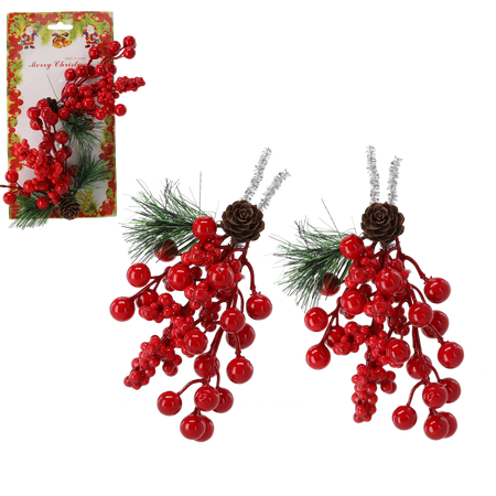 SET OF 2 DECORATIVE BRANCHES 12 X 14 CM WITH MOUNTAIN ASH AND CONES