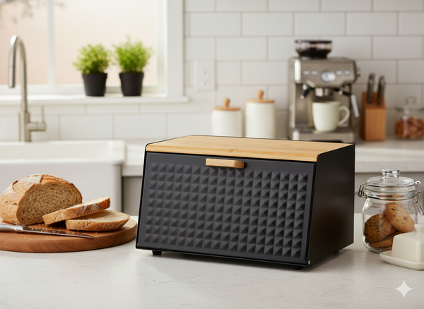 BREAD BOX HIBISCO - ENAMELED WITH BAMBOO LID 35,5 X 17 X 19,5 CM BLACK