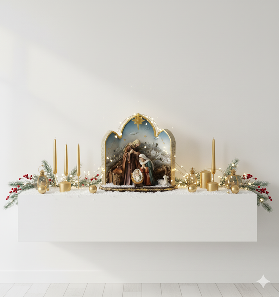 FIGURKA BOŽONÁŘSKÁ - SVATÁ RODINA V JESLIČKÁCH S LED HVĚZDOU 21 x 10 x 21 CM *6867