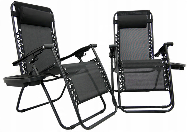 FOLDING GARDEN LOUNGER WITH STAND, POCKET, BLACK WITH GRAY CUSHION