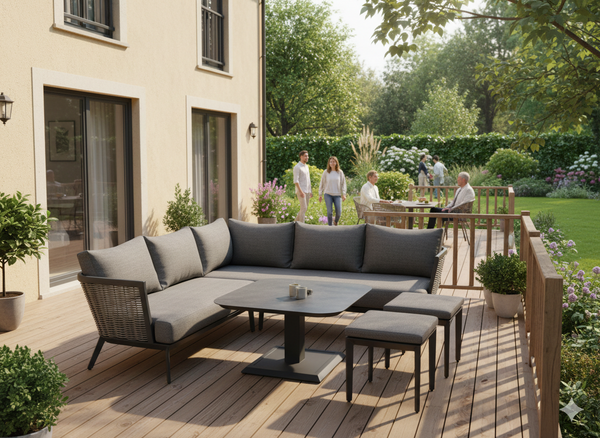 ZESTAW MEBLI ALUMINIOWYCH "TALLINN" (SOFA NAROŻNA + 2 PUFY + STOLIK Z REGULOWANĄ WYS.) SZARY + SZARE PODUSZKI