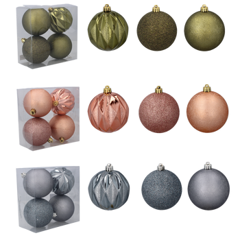 SET OF 4 BAUBLES 8 CM OLIVE/COPPER/GRAPHITE MIX DESIGNS