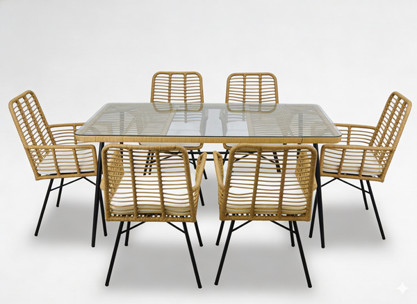 ZESTAW MEBLI OGRODOWYCH (STÓŁ, 6 KRZESEŁ) - BRĄZOWY, PODUSZKI - BEŻOWY