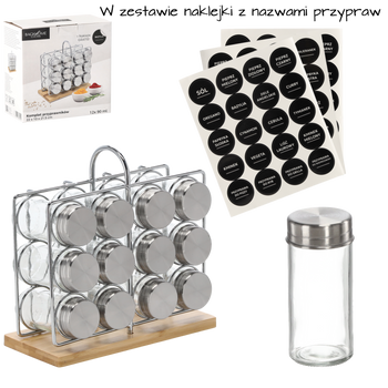 PRZYPRAWNIK PROSTOKĄTNY 22 x 10 x 21,5 CM Z RĄCZKĄ 12 SŁOICZKÓW BAMBUSOWO-SREBRNY *9202