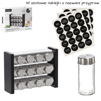 PRZYPRAWNIK TRZYPOZIOMOWY 29,5 x 9 x 22 CM 12 SŁOICZKÓW SREBRNO-CZARNY *9226