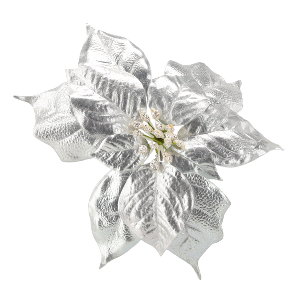 ARTIFICIAL FLOWER - POINSETTIA 25 CM WITH CLIPS SILVER