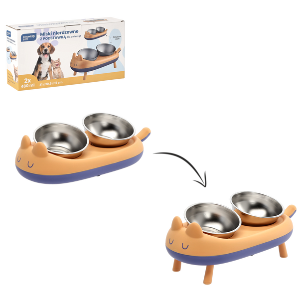 SET OF 2 STAINLESS STEEL BOWLS FOR DOG / CAT ON STAND 41 X 20.5 X 15 CM