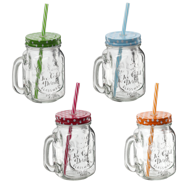 GLASS MUG 450 ML FOR COLD DRINKS WITH LID AND STRAW MIX 4 COLORS