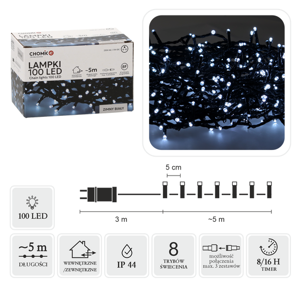LAMPKI LED 100L ZIMNY BIAŁY DŁ. 3 + 5 M WEWN/ZEWN *9423