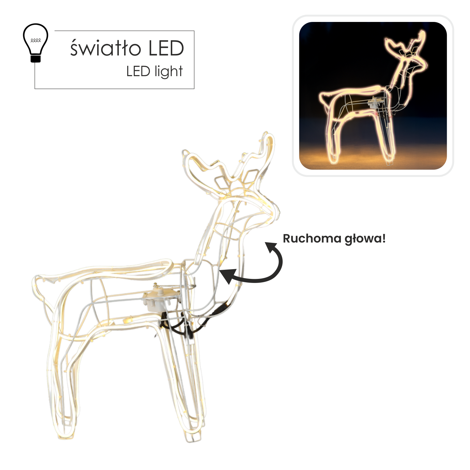 ŚWIĄTECZNY RENIFER Z RUCHOMĄ GŁOWĄ NEON LED 64 x 22 x 70 CM CIEPŁY BIAŁY WEWN/ZEWN *8363