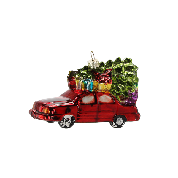 GLASS ORNAMENT - RED CAR WITH CHRISTMAS TREE 12.3 X 4.8 X 7 CM