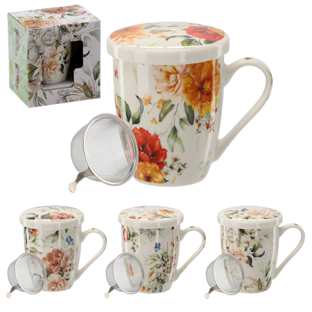 PORCELAIN MUG WITH INFUSER AND LID 340 ML ASSORTED FLORAL PATTERNS 