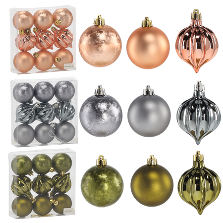 SET OF 9 BAUBLES 6 CM OLIVE/COPPER/GRAPHITE MIX DESIGNS