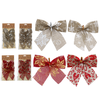 SET OF 3 CHRISTMAS BOWS 12CM RED/NATURAL