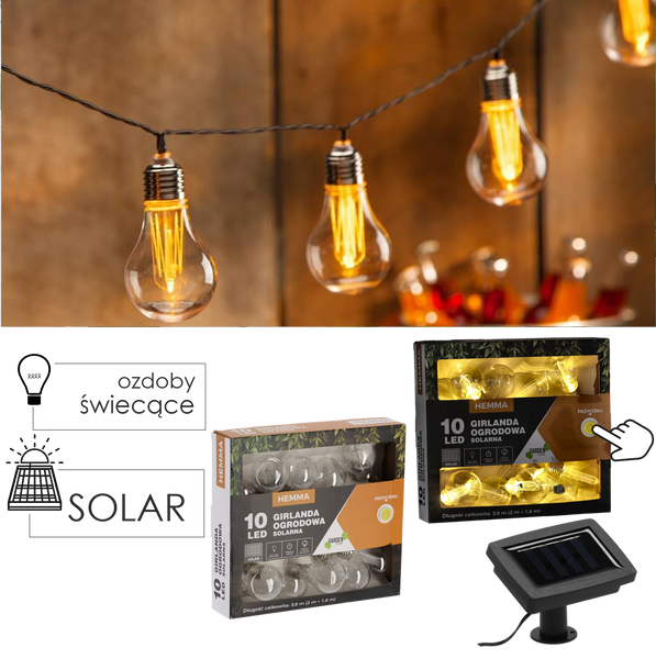 SOLAR GARDEN GARLAND LENGTH 2 + 1.8 M HEMMA 10 LED WARM WHITE BIG BULB
