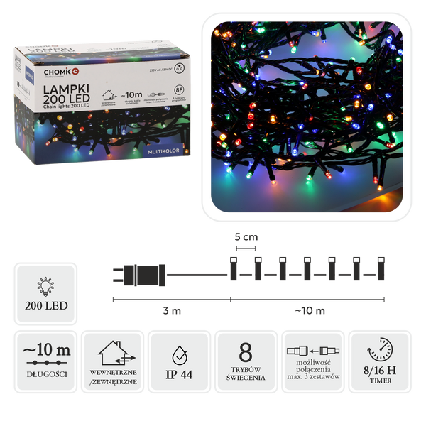 LUMINĂ LED 200L MULTICOLOR LUNGIME 3 + 10 M ÎNĂUNTRU/ÎN AFARĂ *9461