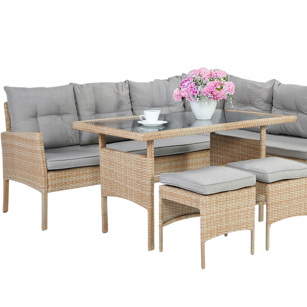 SET DE MOBILĂ DIN RATTAN "BERNO" (CANAPEA PE COLȚ + 2 PUFE + MASĂ) BEJ + PERNE GRI *9576