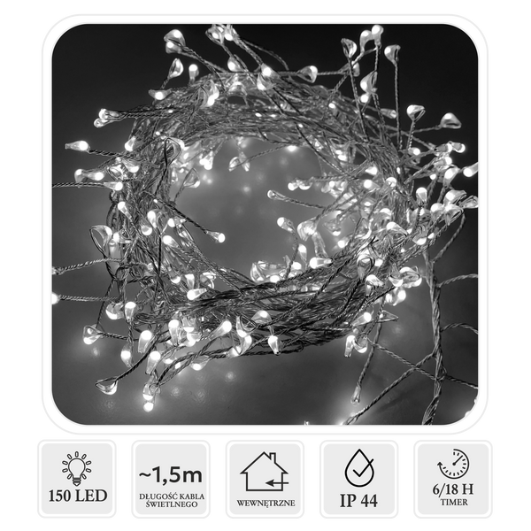 LAMPKI MICRO LED CLUSTER 150L ZIMNY BIAŁY, DŁ. 0,3 + 1,5 M NA BATERIE *1810