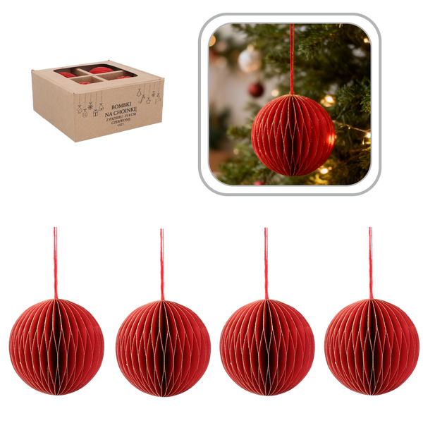 SET OF 4 CHRISTMAS TREE PAPER BAUBLES 8 CM RED