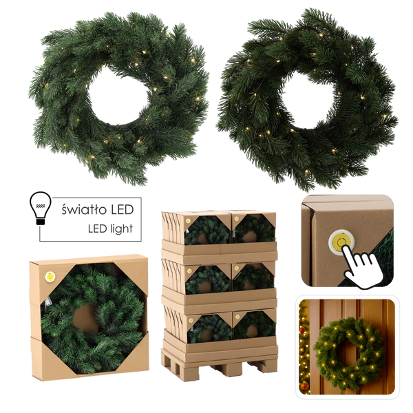 PINE CHRISTMAS WREATH 35 CM LED MIX DESIGNS disp=12pcs pallet=36pcs