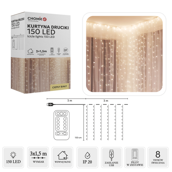 KURTYNA ŚWIETLNA DRUCIKI 150L CIEPŁY BIAŁY, 3 x 1,5 M, USB, Z PILOTEM *8479