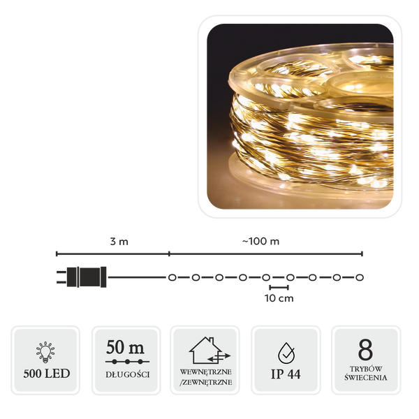 LAMPKI LED DRUCIKI NA SZPULI 500L CIEPŁY BIAŁY, DŁ. 3 + 50 M *8523