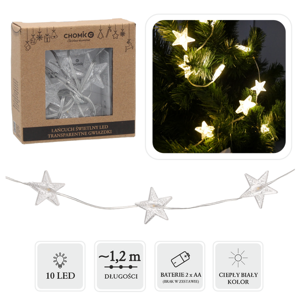 LED LIGHT CHAIN TRANSPARENT STARS 10 L WARM WHITE